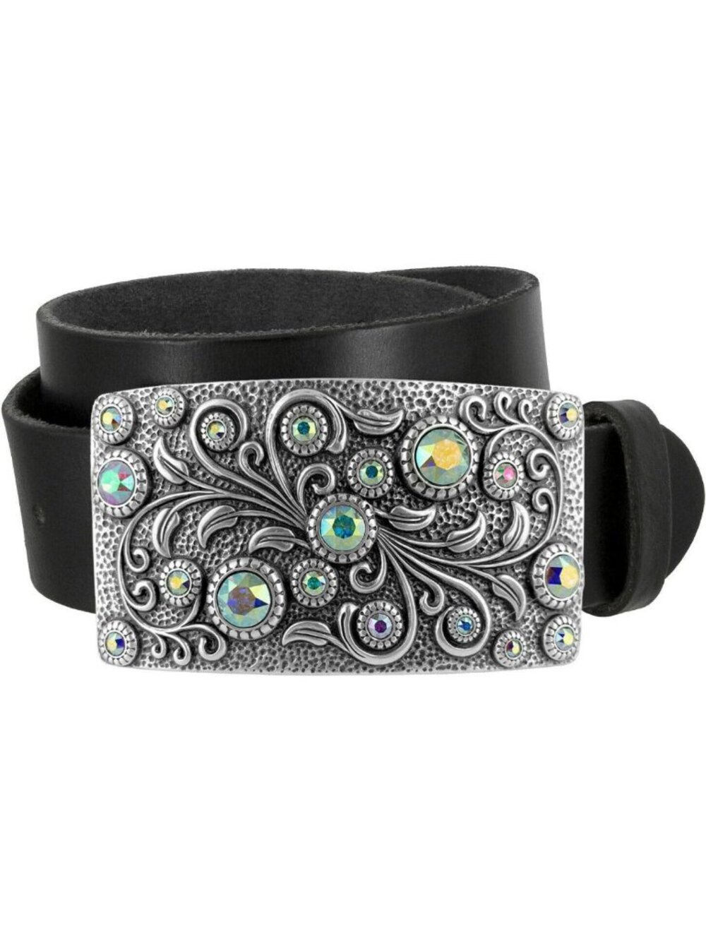 Genuine Leather Floral Buckle Belt with Rhinestones - 1.5" Wide, Timeless Style